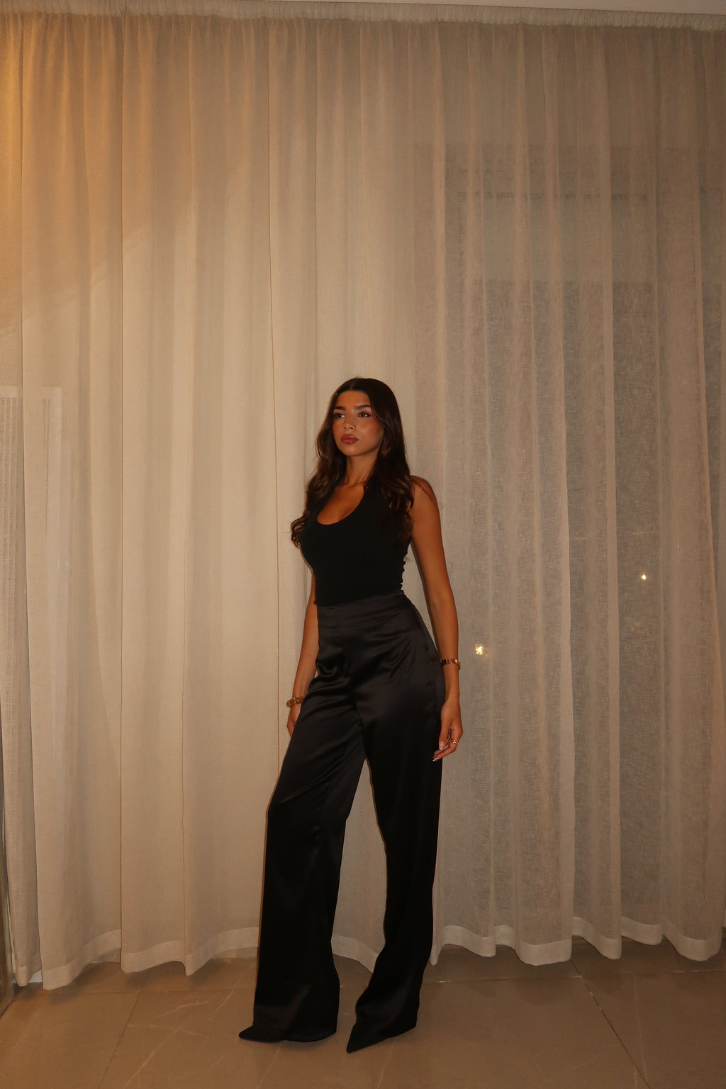 Black Sleek Satin Trousers