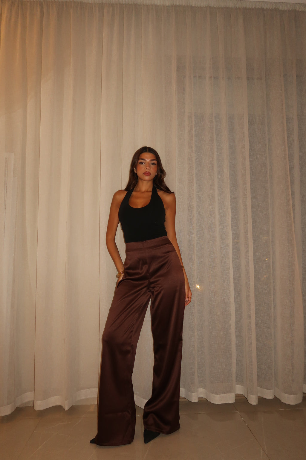 Brown Sleek Satin Trousers