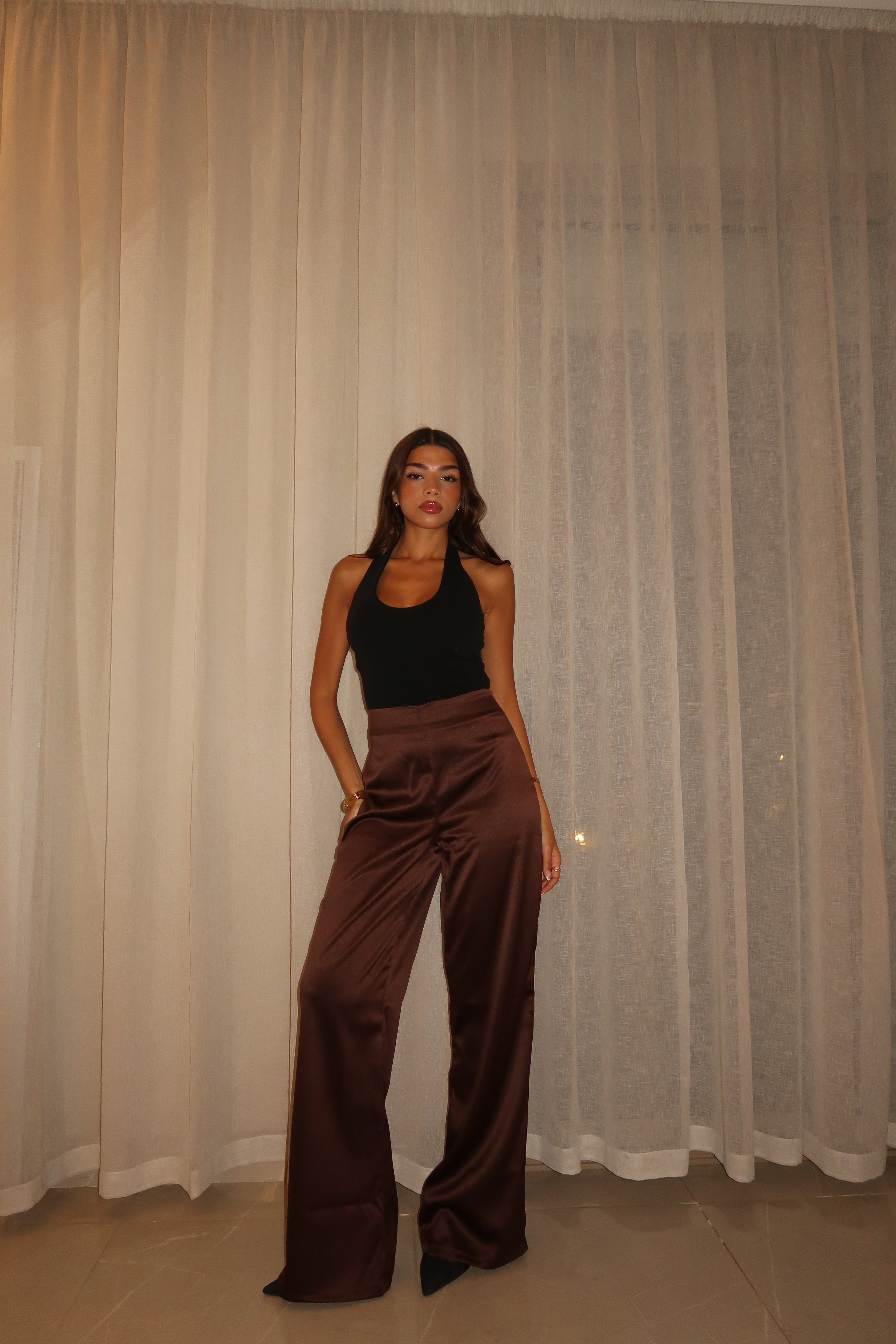 Brown Sleek Satin Trousers